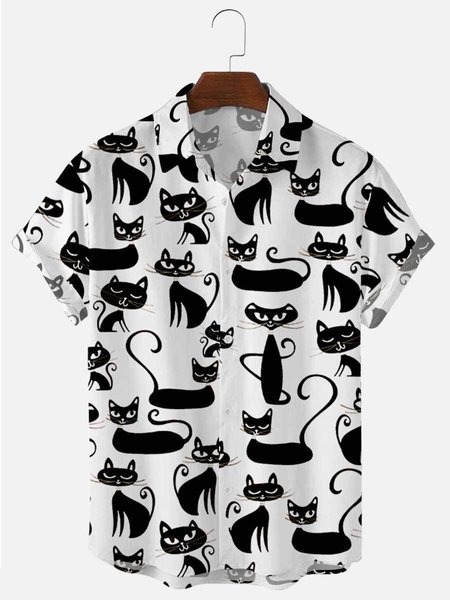 

Mens Cats Print Lapel Casual Loose Short Sleeve Hawaiian Shirt, White, Men's Tops