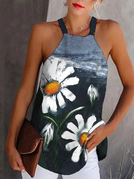 

Floral Sleeveless Halter Shift Tops, Deep blue, Tanks & Camis