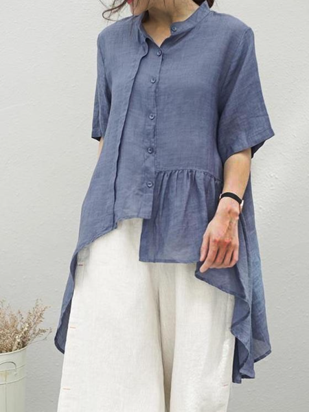

Asymmetric Shirt Collar Short Sleeve A-Line Top, Blue, Blouses and Shirts