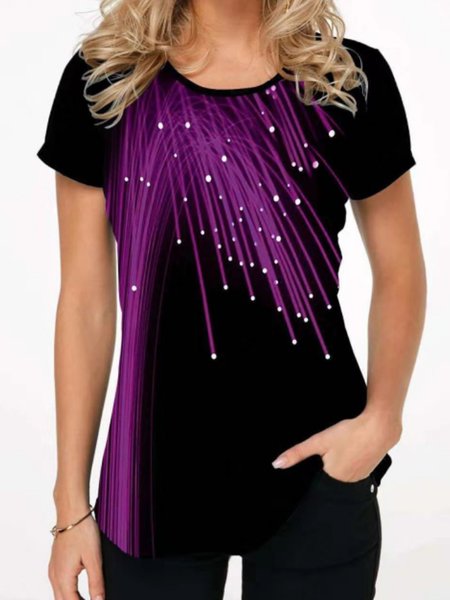 

Vintage Geometric Meteor Shower Printed Plus Size Short Sleeves Crew Neck Casual Tops, Purple, Blouses & Shirts