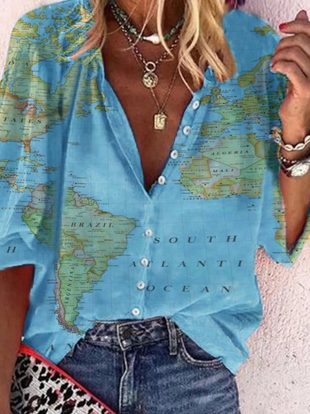 

Casuale Maniche Lunghe Stampato Scollo a V Top, Blu, Blouses & Shirts