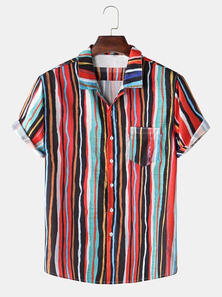 Mens Colorful Striped Printing Lapel Short Sleeve Holiday Shirts, Red, Men's shirts