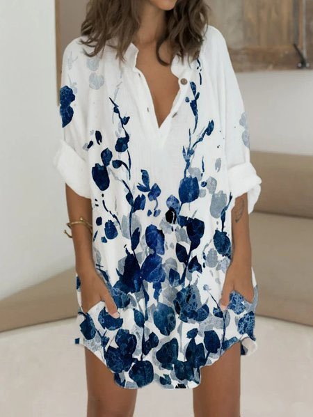 

Stampata Floreale Casuale Colletto a Camicia Abito, Bianco, Dresses