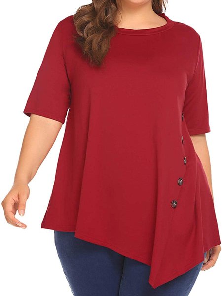 

Women's Casual Scoop Neck Short Sleeve Solid Asymmetrical Pleated T-Shirt Blouse Top, Red, T-Shirts
