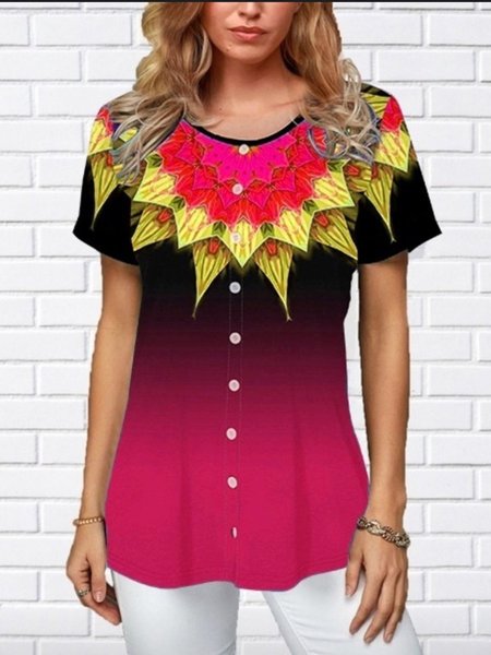 

Vintage Geometric Floral Printed Gradient Plus Size Short Sleeves Crew Neck Casual Tops, Red, Printed T-shirts