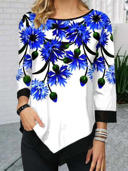 

Vintage Floral Printed Plus Size 3/4 Sleeves Crew Neck Casual Tops, White, Blouses & Shirts