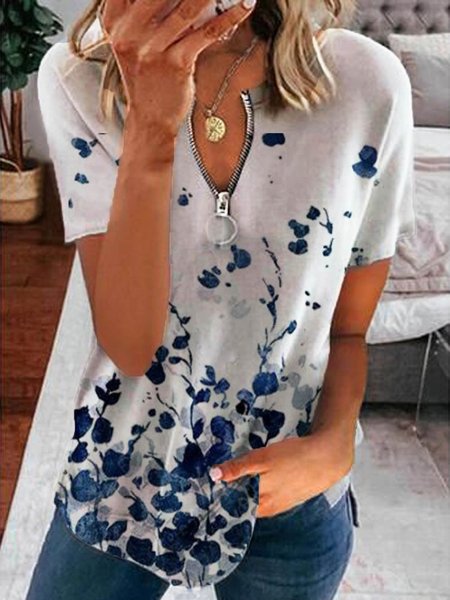 Maniche Corte Girocollo Casuale Cerniera Top, Blu, Tops