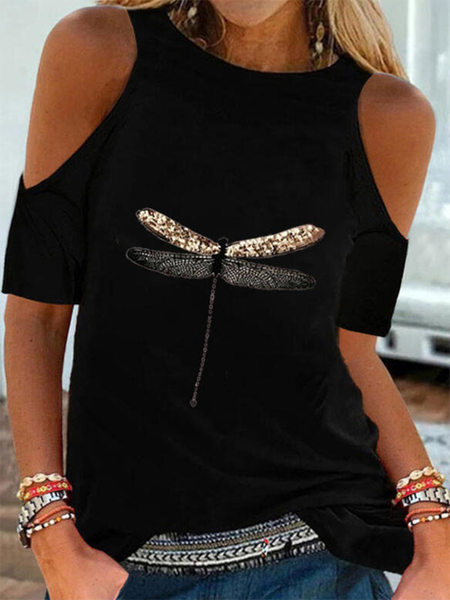 

Maniche Corte Spalla Nuda Casuale Stampato Top, Nero, Tops