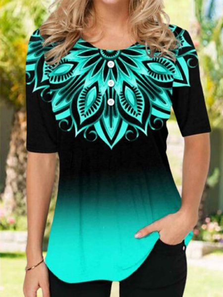 

Vintage Geometric Floral Printed Gradient Plus Size Short Sleeves Crew Neck Casual Tops, Green, Blouses & Shirts