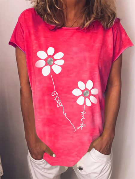 

Girocollo Stampato Floreale Casuale Maniche Corte Top, Rosa, Tops