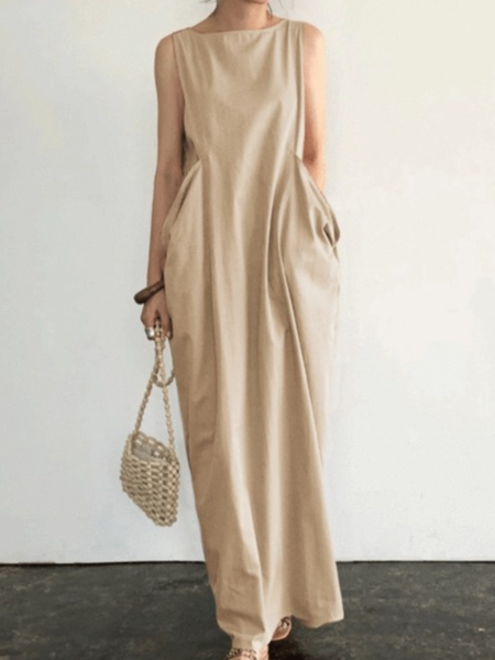 

Holiday Crew Neck Resort Daily Maxi Dress, Apricot, Maxi Dresses