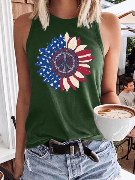 

American Flag Hipple Sunflower Women's Sleeveless Shirt, Dark green, Tank Tops