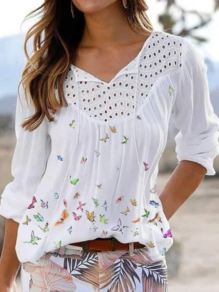 

Dritto Maniche Lunghe Misto Cotone Colore-block Top, Bianco, Tops