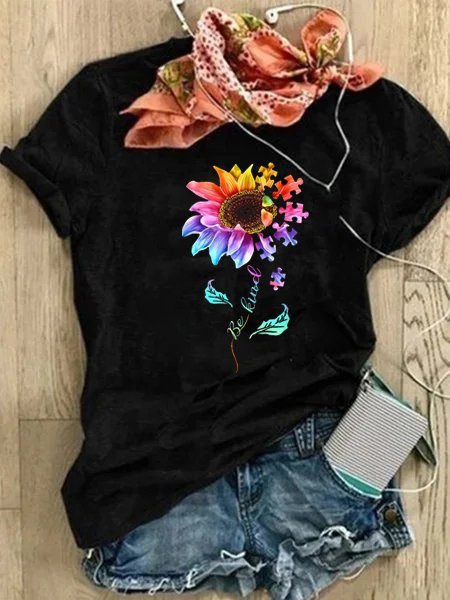 

Be Kind Colorful Sunflower Autism Puzzle Piece T-shirt Gift, Black, T-Shirts