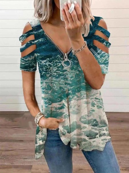 

Misto Cotone Astratto Maniche Corte Top, Blu, Blouses & Shirts