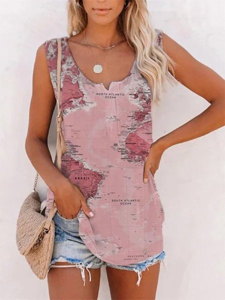 

Stampato Misto Cotone Casuale Scollo a V Top, Rosa, Tops