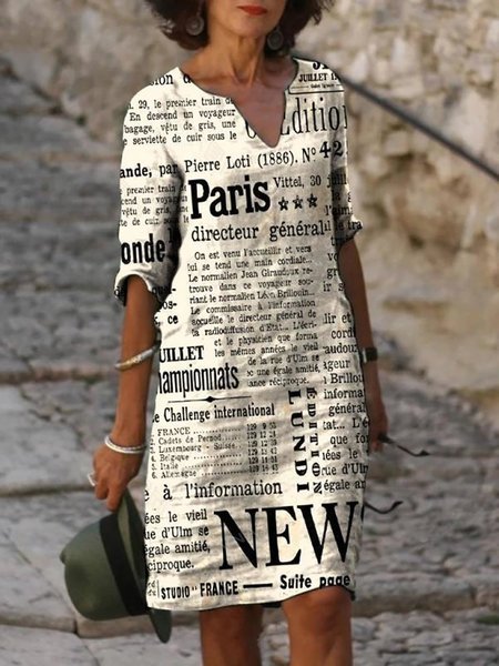 

Moda Giornale Stampato Scollo a V Maniche Corte Abito, Bianco, Dresses