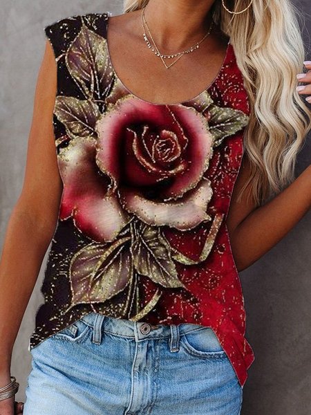 

Stampato Floreale Girocollo Casuale Top, Rosso, Tops