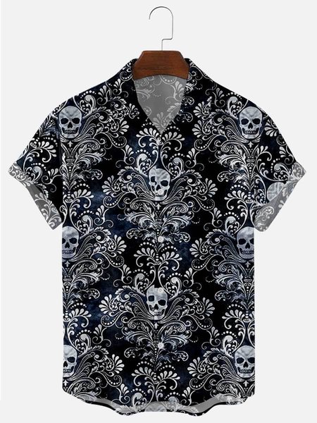 

Mens VIntage Skull Print Lapel Casual Loose Short Sleeve Shirt, Black, Shirts