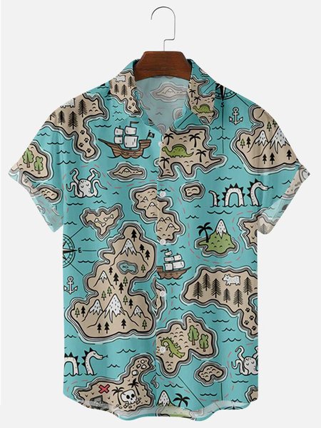 

Men's Vintage map Style Short Sleeve Casual Loose Shirt, Blue, Shirts