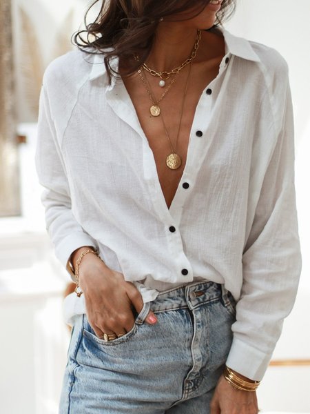 

Casuale Colletto a Camicia Maniche Lunghe Top, Bianco, Tops
