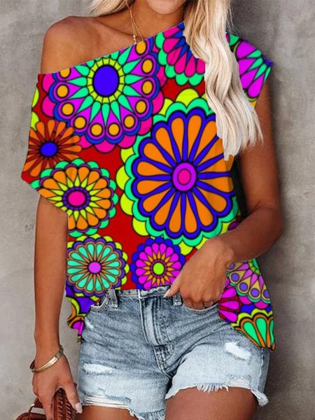 

Short Sleeve Printed Cotton T-shirt, Multicolor, Tops