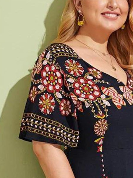 

Polyester Cotton Boho Short Sleeve Weaving Dress, Black, Dresses