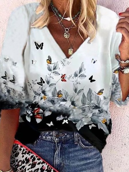 

Vintage Half Sleeve Butterfly Floral Printed V Neck Plus Size Casual Tops, Multicolor, Blouses & Shirts