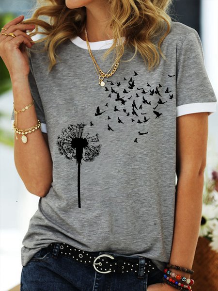 

Dandelion Women Floral Graphic Casual Crew Neck T-Shirt, Grey, T-shirts