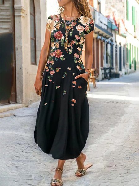 

Nuovo Donna Chic taglia grande Vintage Bohemian Floreale Bretelline sottili Girocollo Dritto Abito, Nero, Dresses