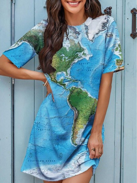 

Casual Map Printed Short Sleeve Weaving Dress, Blue, Casual Dresses