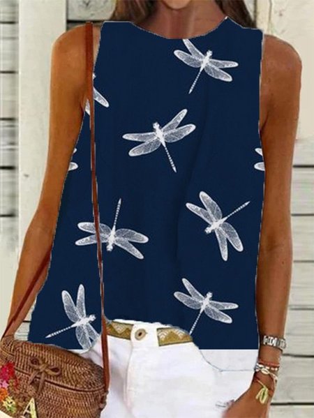 

senza maniche Girocollo Misto Cotone Stampato Top, Blu marino, Tops