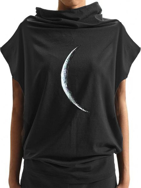 

Lunare Stampare Maniche Corte dolcevita Top, Nero, Blouses & Shirts