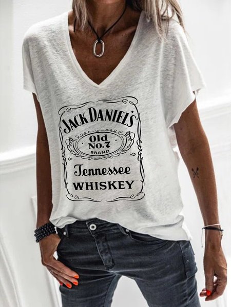 

V Neck Short Sleeve Casual Letter T-shirt, White, Tops