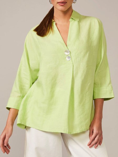 

V Neck Linen Shift 3/4 Sleeve Vintage Top, Green, Blouses and Shirts