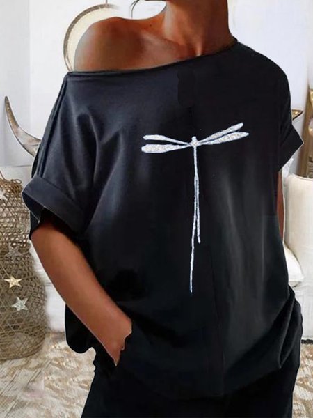 Dragonfly Printed One Shoulder Casual Tops, Black, T-Shirts