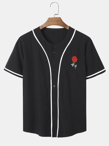 

Mens Rose Embroidery Crew Neck Street Short Sleeve Shirt, Black, Men's shirts