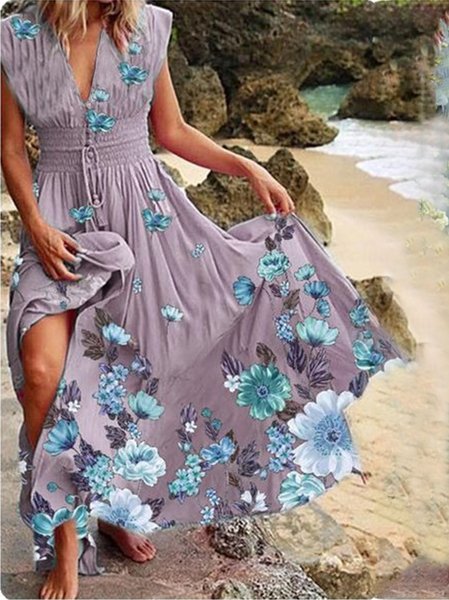 

Nuovo Donna Chic Vintage Bohemian Vacanza Senza Maniche Floreale Abito, Viola, Maxi Dresses