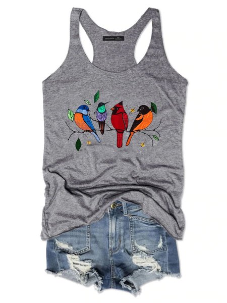 

Multicolor Bird Graphic Tank Top, Gray, Tank Tops