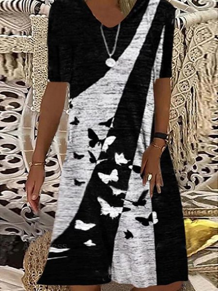 

Casual Butterfly Printed Cotton-Blend Knitting Dress, Black, Casual Dresses