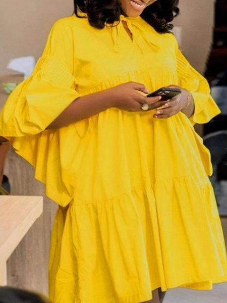 

A-Line 3/4 Sleeve Crew Neck Solid Mini Dress, Yellow, Mini Dresses
