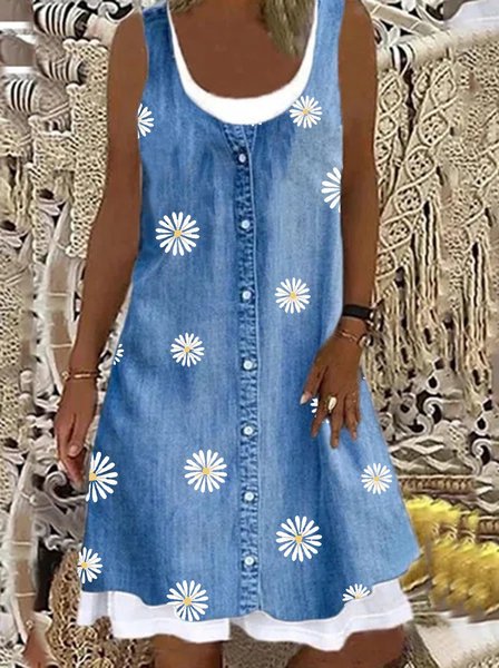 

Women Sleeveless Round Neck Floral Casual Dresses(Contains lining), Blue, Dresses