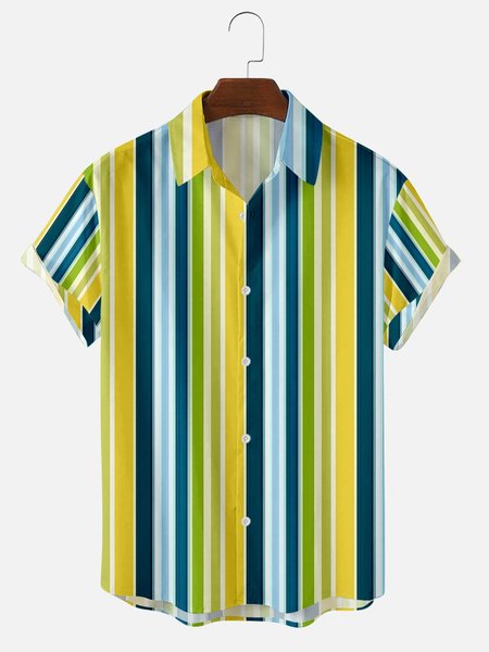 

Men's Stripe Style Short Sleeve Casual Loose Shirt, Yellow, Men's Tops