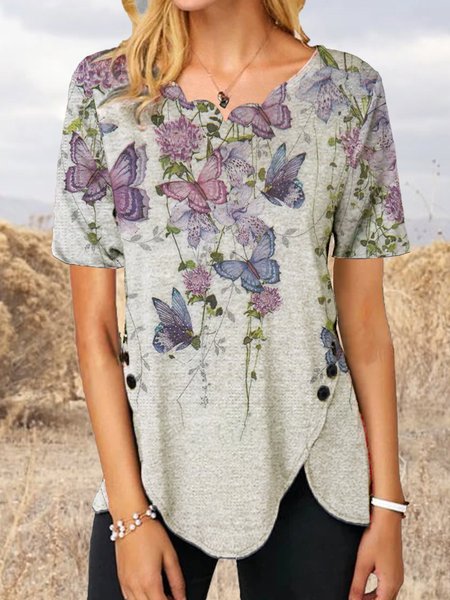 

Farfalla Misto Cotone Ricorrere Floreale Dritto Top, Grigio fumo, Blouses & Shirts