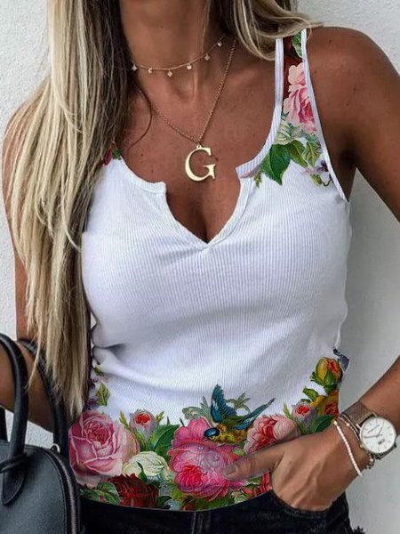 

Floreale senza maniche Vintage Top, Bianco, Tops