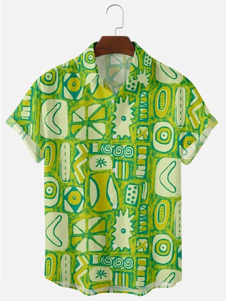 

Men's National Style Short Sleeve Casual Loose Shirt, Green, Men's Tops