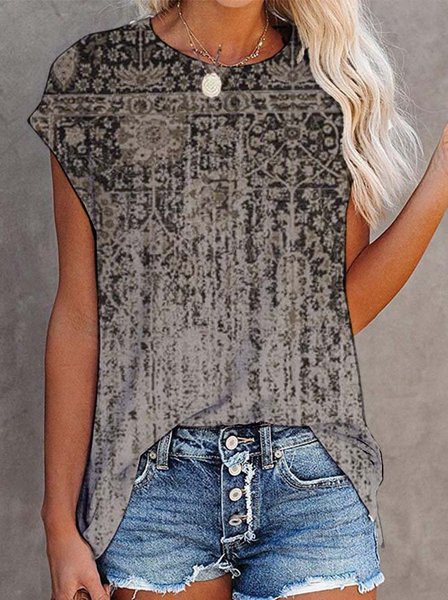 

Paisley Short Sleeve Printed Cotton-blend Crew Neck Vintage Summer Gray Top, T-Shirts