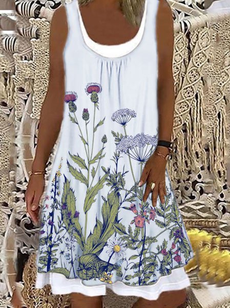 

Girocollo Stampata Floreale Gonna Casuale, Bianco, Dresses