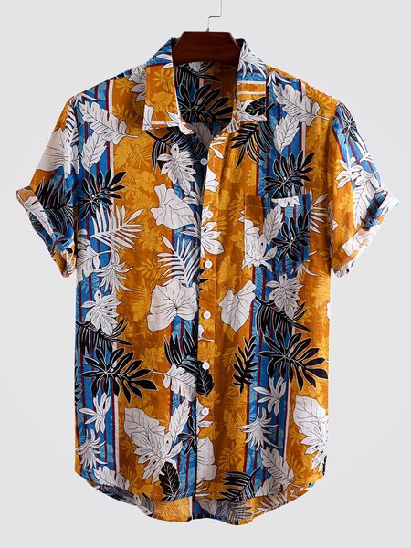 

Men's New Style Short Sleeve Casual Loose Shirt, Yellow, Men's Floral shirt
