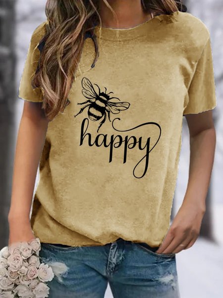 

Casuale Misto Cotone Maniche Corte Girocollo Top, Cachi, T-Shirts